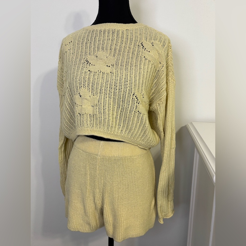 Sincerely Jules LoungeSet S/M Yellow Open Knit Flower Sweater/Shorts Cottagecore